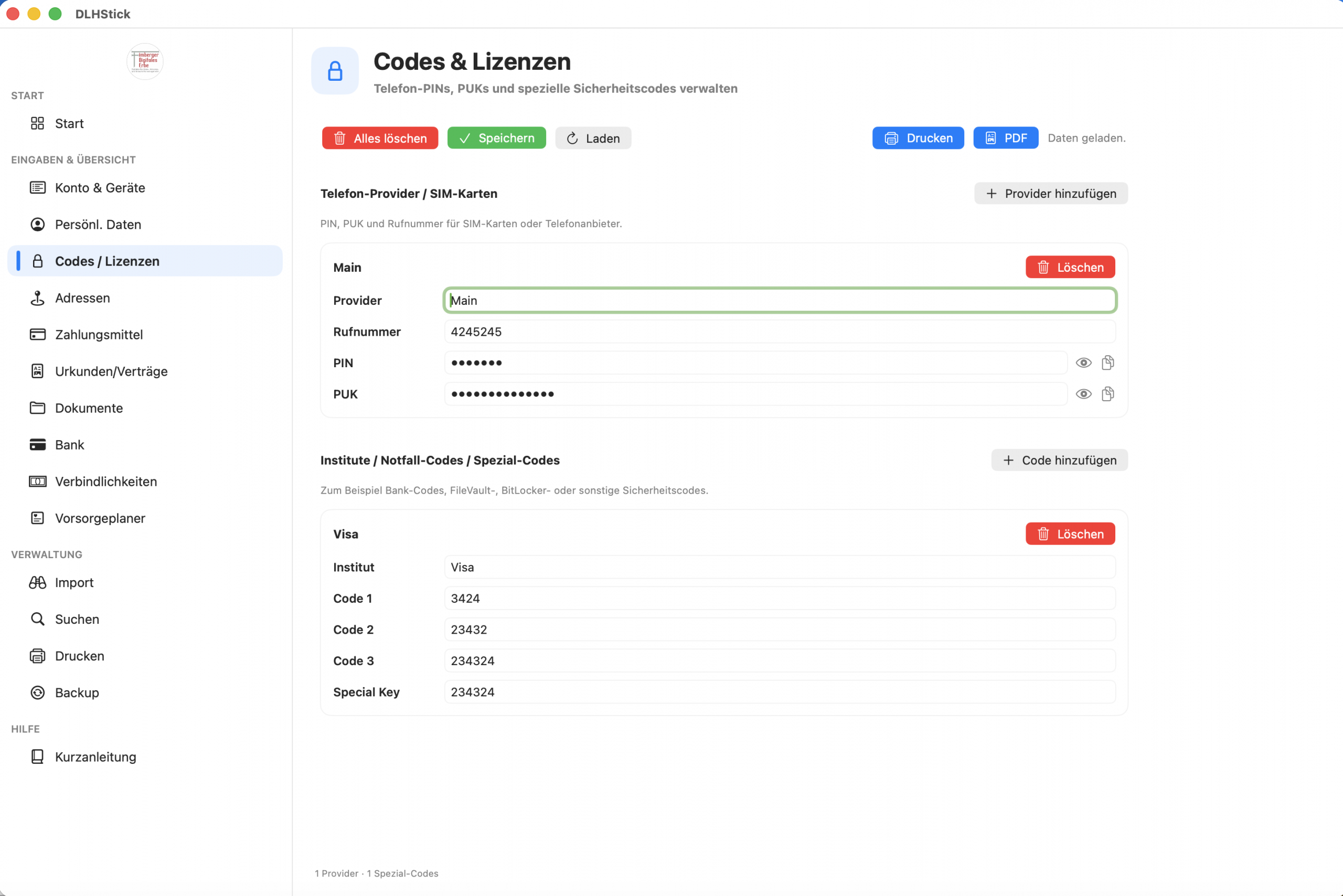 DLHStick Codes und Lizenzen Übersicht